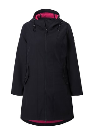 Black softshell jacket with a hood and zip front. Features pink interior lining and two side pockets. Smooth texture and tailored fit.