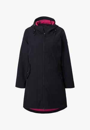 Černá softshellová bunda s kapucí a předním zipem. Má růžové vnitřní podšívku a dvě boční kapsy. Hladká textura a přizpůsobený střih.