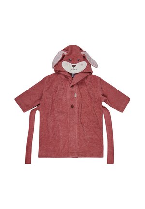 Roter Frottee-Bademantel mit kurzen Ärmeln, der ein Design mit einem Bunny-Kapuzenschnitt, schlappigen Ohren und einem Knopfverschluss aufweist. Mit einem Gürtel in der Taille.