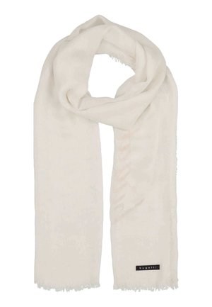 Soft white scarf with subtle frayed edges and a small black "bugatti" label on one end.