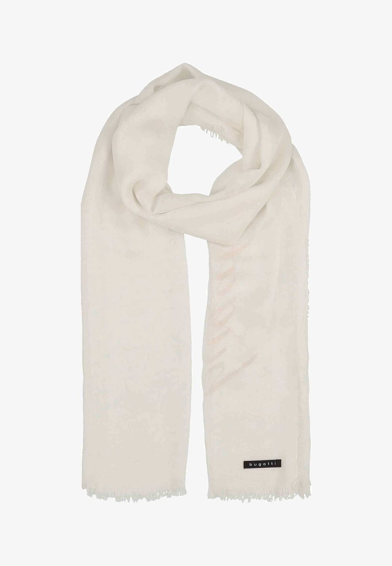 Écharpe blanche douce avec des bords légèrement effilochés et une petite étiquette noire "bugatti" à une extrémité.