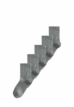 Grauer Baumwollsocken-Satz, der ein geripptes Bündchen und eine glatte Textur aufweist. Jede Socke hat eine standardmäßige Knöchelhöhe und eine abgerundete Zehenform.