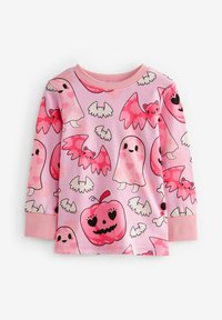 Langarmhemd aus pinkfarbigem Stoff mit Cartoon-Geistern, Fledermäusen und Kürbissen in Schwarz und verschiedenen Pinktönen. Weicher, leichter Stoff.