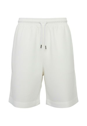 Pantaloncini bianchi fino al ginocchio con vita elastica e coulisse frontale, design semplice, adatti per un look casual o sportivo.