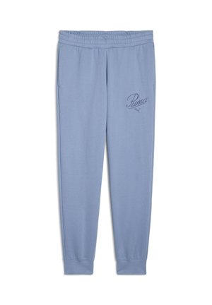 Lysblå sweatpants lavet af blød stof, med elastisk talje, sidelommer og et Puma-logo broderet på venstre ben.