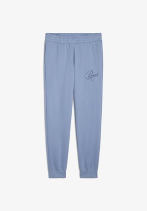 Light blue sweatpants made of soft fabric, featuring an elastic waistband, side pockets, and a Puma logo embroidered on the left leg.