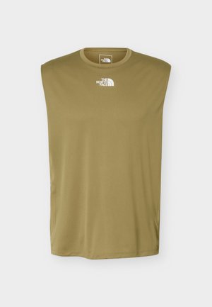Débardeur de sport vert olive avec col rond et logo blanc The North Face sur la poitrine et le col intérieur.