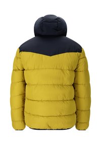 Gul och marinblå pufferjacka med avtagbar huva, horisontell sömnad och en färgblockerad design på axlarna.