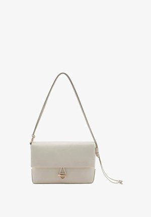 Beige leather shoulder bag with a flap closure and a gold-tone clasp, featuring an adjustable strap with a tied end.