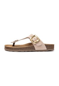Sandalo scivoloso in suede tan con una spessa suola in sughero, dotato di una profilo in metallo dorato e un design con listino per le dita. Soletta testurizzata per il comfort.