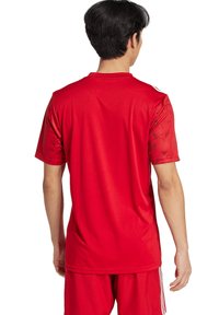 Maglia sportiva rossa realizzata in tessuto leggero, con maniche corte e un motivo geometrico sulle spalle. Texture liscia, design traspirante.