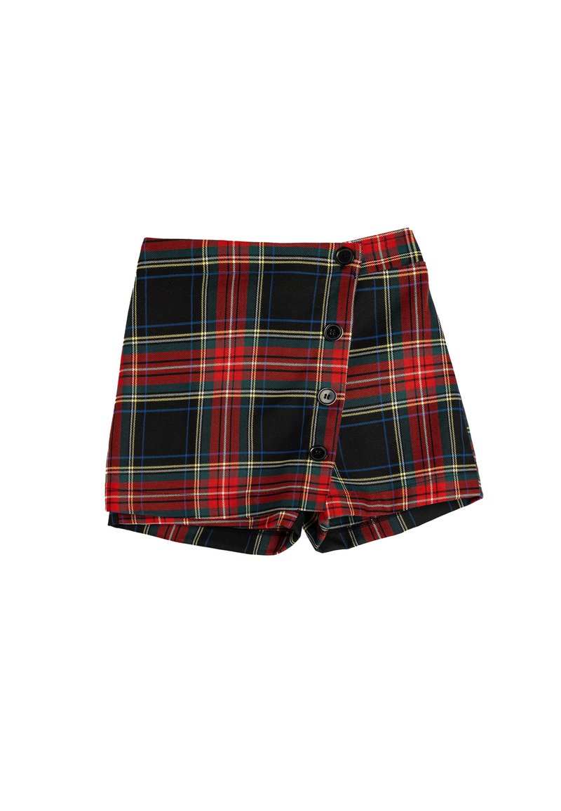 Shorts à carreaux rouges, noirs et jaunes avec une fermeture à bouton à l'avant et un ourlet droit, fabriqués en tissu léger.