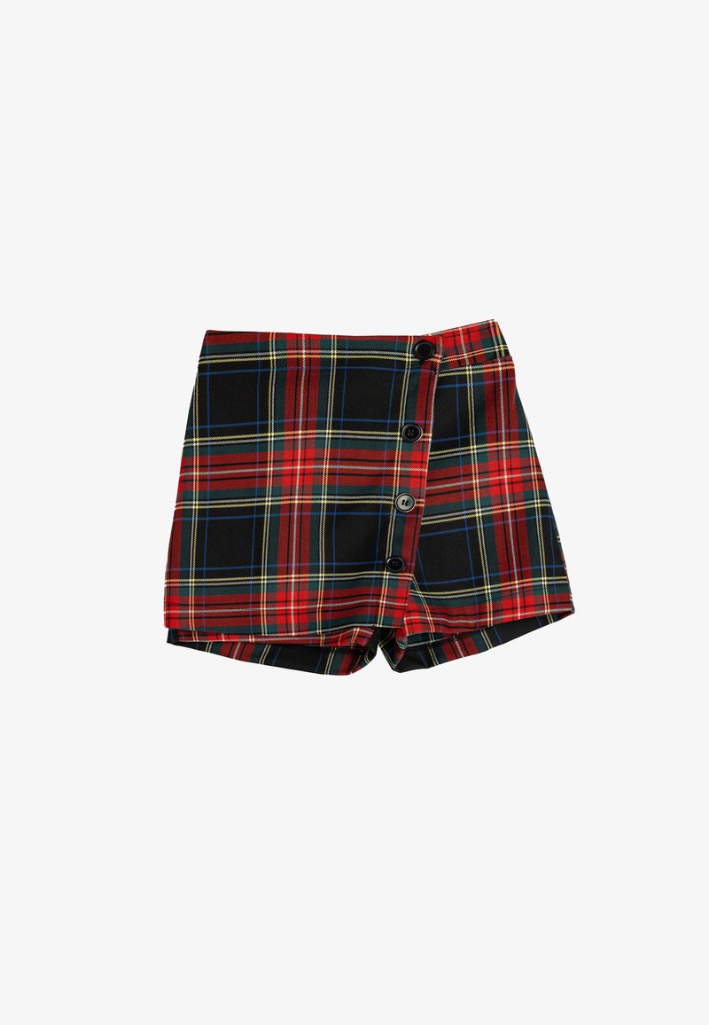 Pantaloni a quadri rossi, neri e gialli con chiusura a bottone sul davanti e orlo dritto, realizzati in un tessuto leggero.