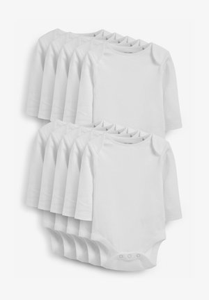 Set of ten long-sleeve white bodysuits made from soft cotton. Features a round neckline and snap closure at the bottom for easy dressing.