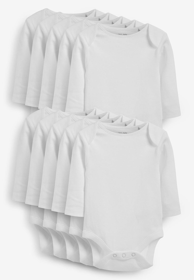 Set med tio långärmade vita bodysuits tillverkade av mjuk bomull. Har rund halsringning och tryckknappsstängning i botten för enkel påklädning.