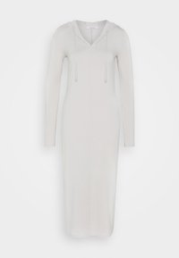 Hooded långärmad klänning i ljusgrå, med V-ringning och dragsko. Tillverkad av mjukt, stretchigt tyg med en figurnära silhuett.