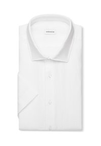 Chemise habillée blanche à manches courtes, pliée, avec col pointu et boutons visibles, étiquette "seidensticker" à l'intérieur du col.