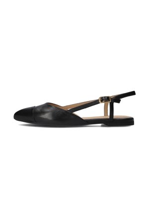 Black leather slingback shoe with a pointed toe, cross-strap design, and a small gold buckle accent on the heel. Flat sole.