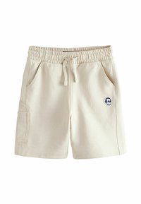 Shorts beiges en mélange de coton, dotés d'une taille élastique avec cordon de serrage, de poches latérales et d'un détail en patch crâne sur le devant.