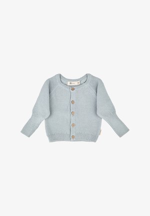 Himmelblauer, gestrickter Baby-Pullover mit langen Ärmeln und fünf Holzknöpfen auf der Vorderseite, Größe 56.
