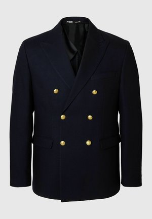 Marineblauw dubbelgeknoopt colbert gemaakt van gestructureerde stof, met goudkleurige knopen, pieklapels en voorzakken. Regular fit ontwerp.