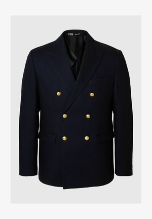 Marineblå dobbeltradet blazer lavet af tekstureret stof, med guldfarvede knapper, spidse revers og forlommer. Regular fit design.