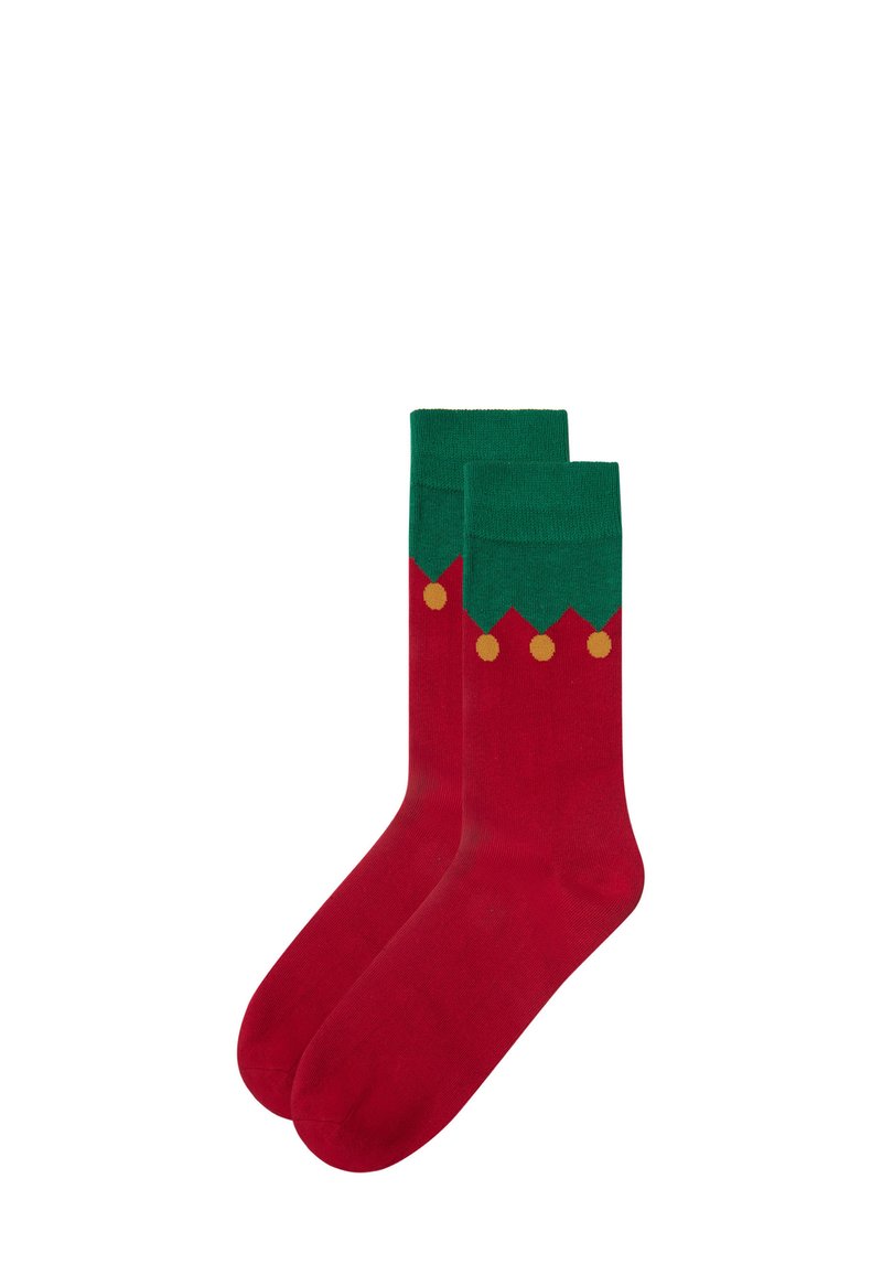 Rote Socken mit einem grünen Oberteil, das ein Zickzackmuster und drei gelbe Punkte am Rand aufweist. Hergestellt aus weichem, dehnbarem Material.