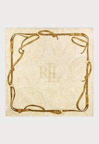 Écharpe en soie beige avec un motif paisley, encadrée par des rubans satinés de teinte dorée. Le centre présente un subtil monogramme "RL."