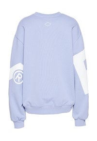 Sweat-shirt violet clair avec des détails graphiques blancs sur les manches, poignets et ourlet côtelés, présenté de dos.