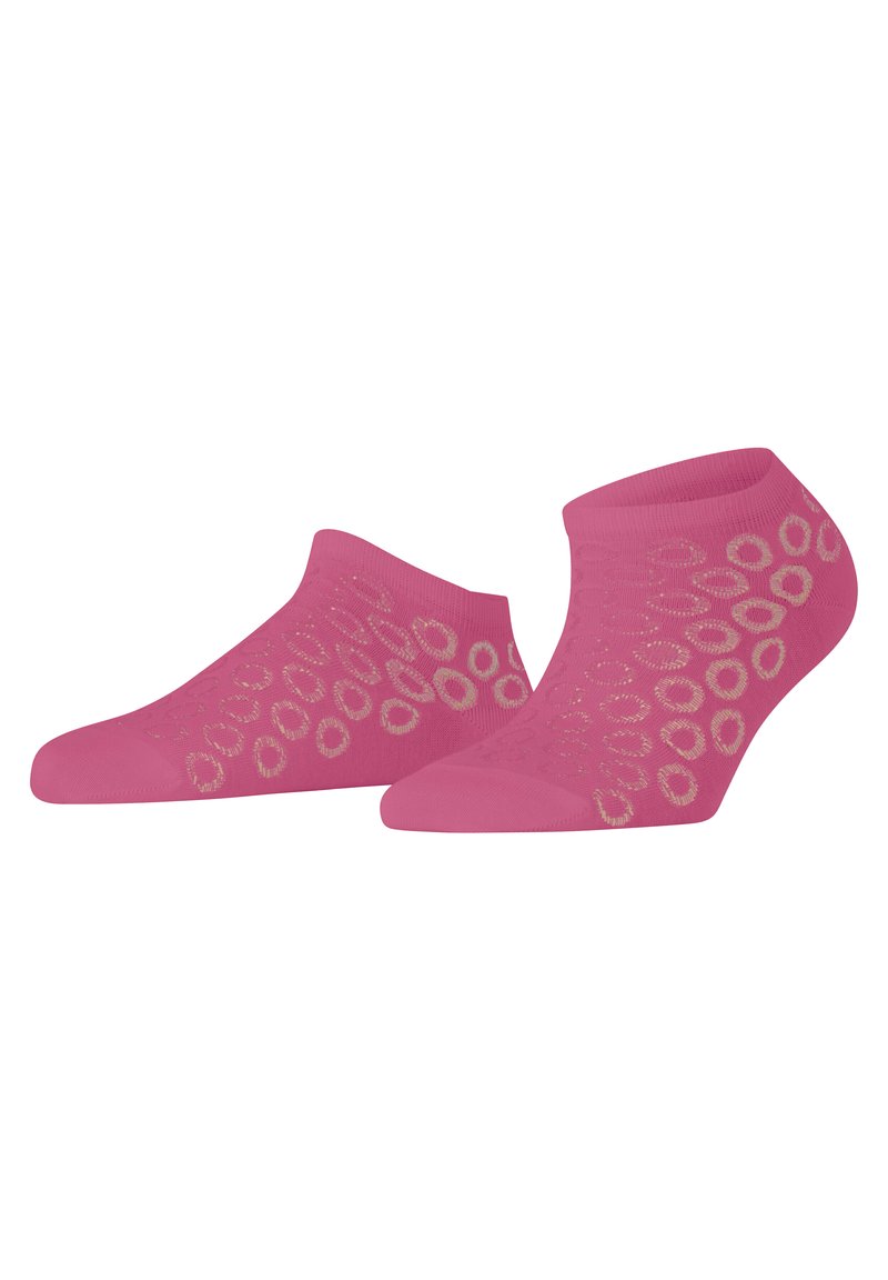 Rosa Knöchelsocken aus weichem Stoff, mit einem strukturierten Design, das kreisförmige Muster in einem helleren Farbton zeigt. Leicht und atmungsaktiv.