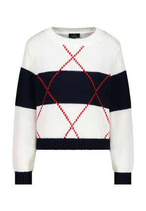 Pull en maille blanc à larges rayures horizontales bleu marine et motif en diamants rouges sur le devant, avec poignets et ourlet côtelés.