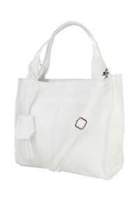 Witte leren tote bag met dubbele handvatten en een verstelbare schouderriem. Kenmerkt zich door een gestructureerd oppervlak en een stijlvolle tassel detail.