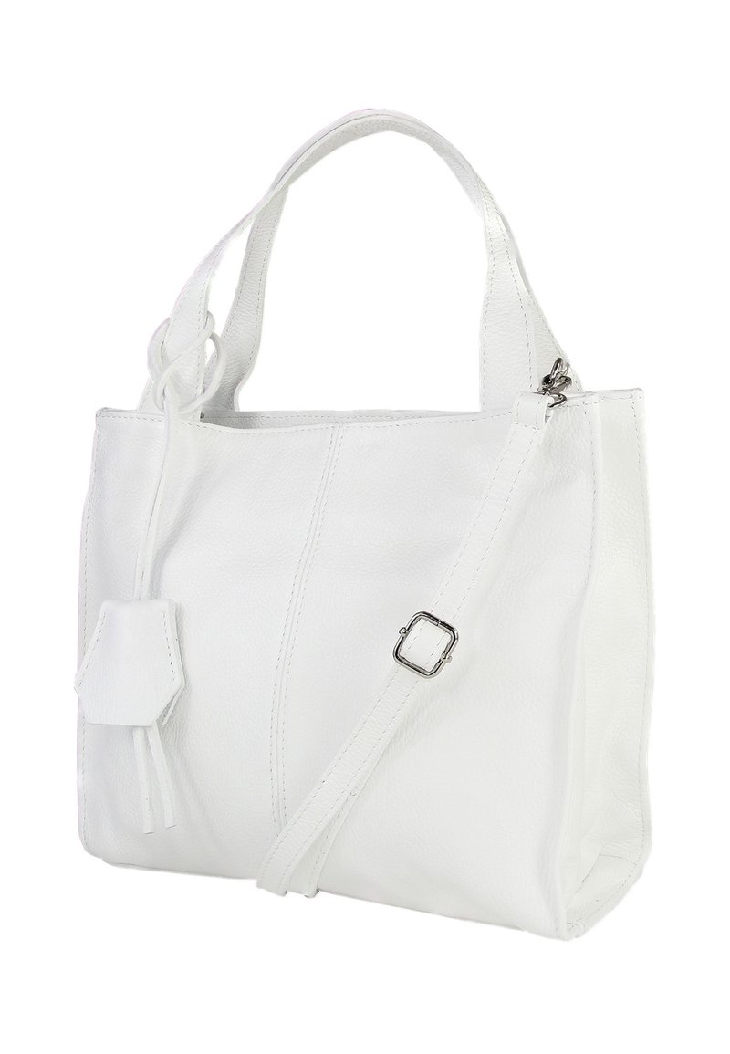 Witte leren tote bag met dubbele handvatten en een verstelbare schouderriem. Kenmerkt zich door een gestructureerd oppervlak en een stijlvolle tassel detail.