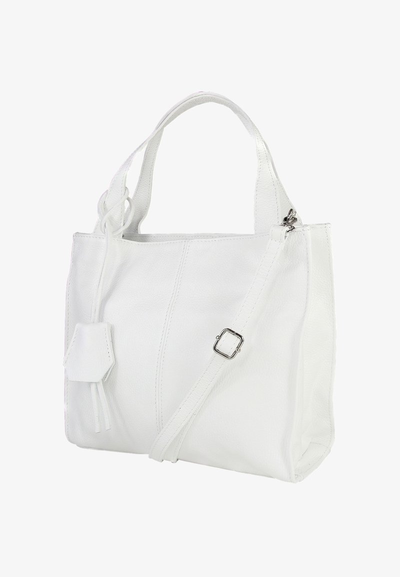 Witte leren tote bag met dubbele handvatten en een verstelbare schouderriem. Kenmerkt zich door een gestructureerd oppervlak en een stijlvolle tassel detail.