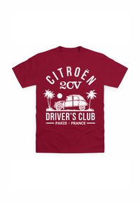 Vínové bavlněné tričko s vintage grafikou Citroën 2CV, palmami a textem "CITROËN DRIVER'S CLUB Paříž Francie" v bílé barvě.