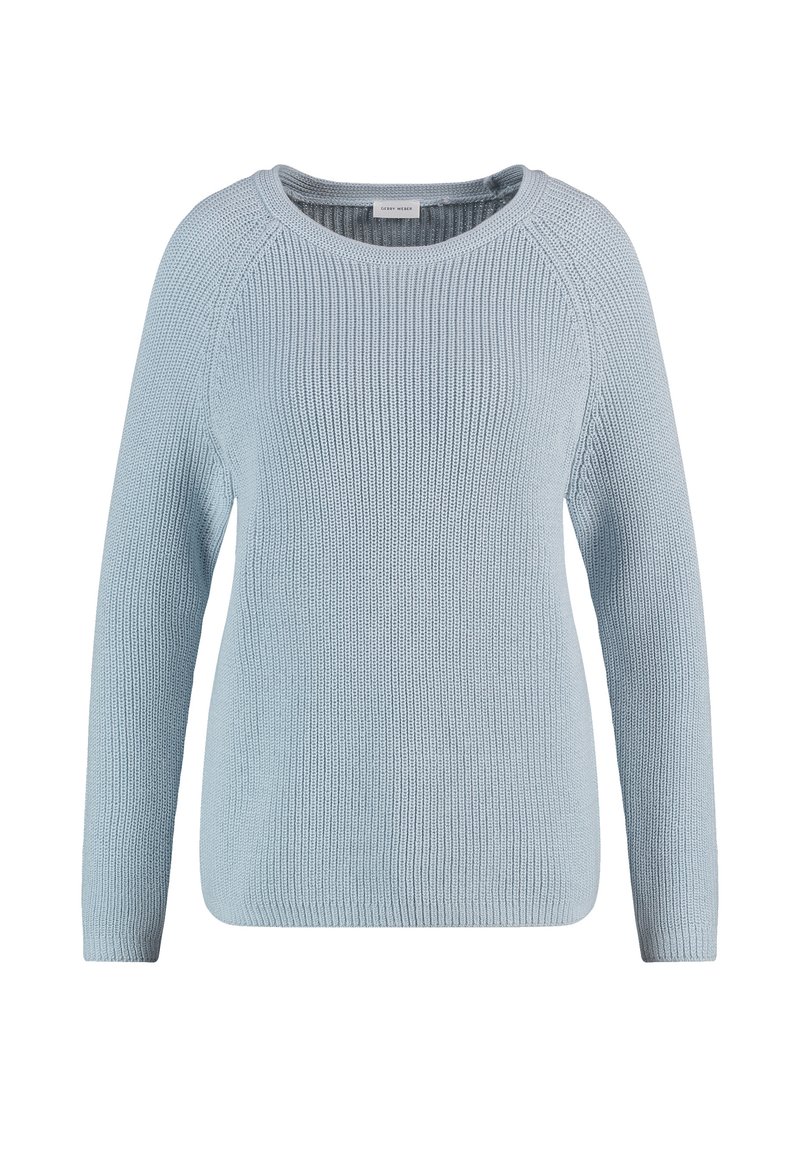 Maglione lavorato a maglia di colore azzurro chiaro con scollo tondo, maniche raglan lunghe e finitura testurizzata. Caratterizzato da una vestibilità comoda e orlo a coste.