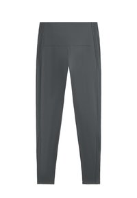 Leggings grigi con cintura alta, realizzati in tessuto morbido, caratterizzati da dettagli a coste lungo i lati e una vestibilità slim.