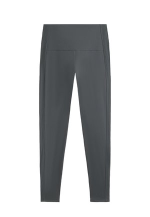 Sive tajice s visokim strukom, izrađene od gladkog materijala, s rebrastim detaljima duž strana i uskim krojem.