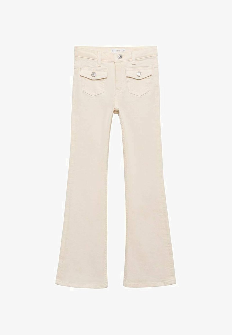 Kremne barve široke kavbojke z sprednjimi in zadnjimi žepi, srebrnimi gumbi ter gladko teksturo tkanine.