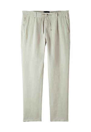Pantalons en lin beige clair à coupe décontractée, dotés d'une taille à cordon de serrage, de poches latérales et d'une finition lisse.
