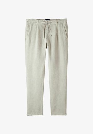 Pantalons en lin beige clair à coupe décontractée, dotés d'une taille à cordon de serrage, de poches latérales et d'une finition lisse.