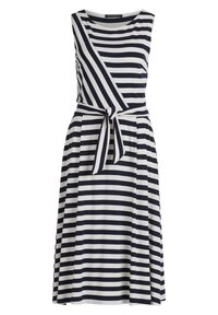 Navy and white striped sleeveless dress with a wrap design, waist tie, and flared skirt. Smooth fabric with a casual look.