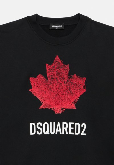 Black sweatshirt featuring a red, textured maple leaf design and white "DSQUARED2" text below the graphic. Round neckline, casual fit.
