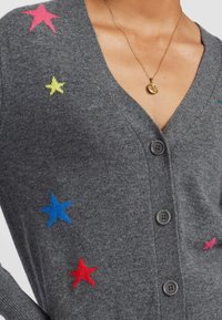 Grijze cardigan met vijf mehrkleurige sterrenborduursels (roze, geel, blauw, rood). Heeft een diepe V-hals en een knoopsluiting aan de voorkant.