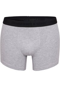 Graue Baumwoll-Boxershorts mit einem schwarzen elastischen Bund, der das Logo "DENIM BROS & SONS" trägt. Glatte Textur und figurbetontes Design.