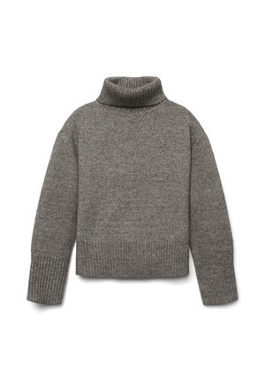 Gray turtleneck sweater made from textured knit fabric, featuring ribbed cuffs and hem, with a relaxed fit and short length.