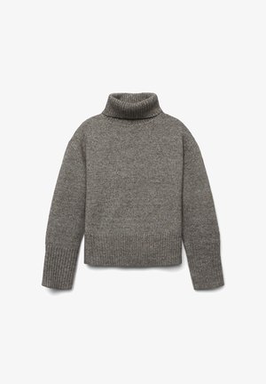 Gray turtleneck sweater made from textured knit fabric, featuring ribbed cuffs and hem, with a relaxed fit and short length.