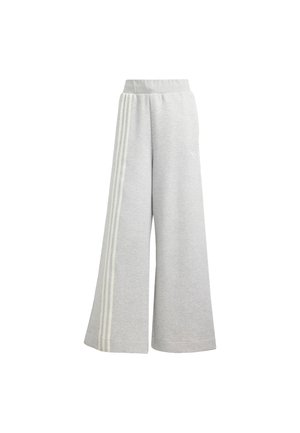 Light gray wide-leg sweatpants made of soft fabric, featuring three white stripes on each side and an elastic waistband.