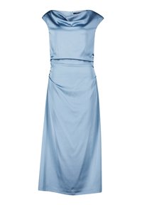 Abito in satin blu con scollatura a cappuccio, maniche corte, vita aderente e gonna fluida. Presenta una chiusura con zip sul retro. Tessuto liscio, senza motivi.