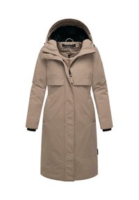 Parka imperméable beige avec un col haut, une capuche ajustable, une fermeture éclair à l'avant, deux poches latérales et des poignets élastiqués.